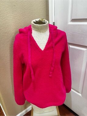 Hot Pink Sherpa Hoodie Fuzzy Teddy Fleece Pullover V-Neck Cozy Sweater